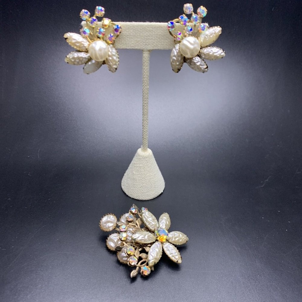 Beau Jewels Brooch Clip On Earrings Set Faux Baroque Pearl Aurora Borealis AB